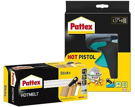Pattex Hot Pistol Heißklebepistole, Set mit 6 Klebesticks, Ø 11 mm & Pattex Hotmelt Sticks zum Nachfüllen, Klebesticks, Transparent, zum Basteln, 1x 50 Sticks