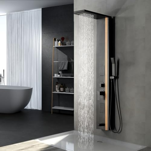 Bathfinesse Shower Wall Panels Bathroom Shower Panel Tower System Multifunction Bamboo Wood and Stainless Steel Body Spray Jets Rainfall Waterfall Head with Handheld Wand and Tub Spout Wall Mount