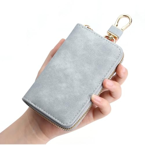 Estuches de llave, Portallaves de cuero,Portallaves de Piel,cierre con cremallera y seis ganchos para llaves, Portátil Estuche para llaves de coche (Gris claro)