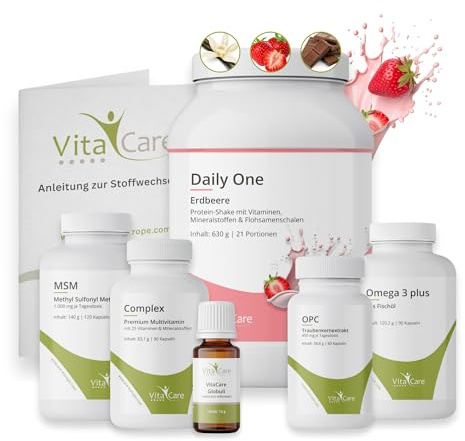 VitaCare 21-Tage Stoffwechsel-Kur Paket Erdbeere, 7-teiliges Komplettpaket mit Proteinshake, MSM, Multivitamin, Omega 3 plus, OPC & Globuli