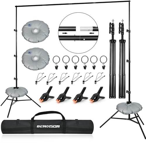 BENOISON Soporte de Fondo - 2,6x3m Ajustable Profesional con 10 Clips & 2 Bolsas de Agua para Fotográfico, Retrato, Grabación de Video, Boda (Negro)