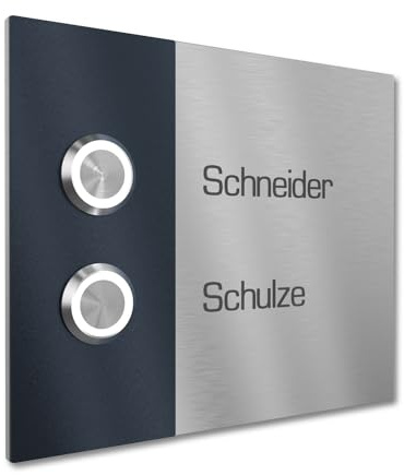 Graviers Design Zweifamilienhaus Klingel mit LED Klingeltaster 2 Namen Gravur - V2A Edelstahl Türklingel 140x115 mm - Unterputz wählbar Aufputz für Mehrfamilienhaus 2-fach