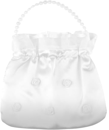 Gments Borsa da sposa in raso bianco con fiore da damigella d'onore borsa con coulisse per il giorno del matrimonio Dolly decorato con decorazioni floreali elegante morbida purezza per ragazza regali