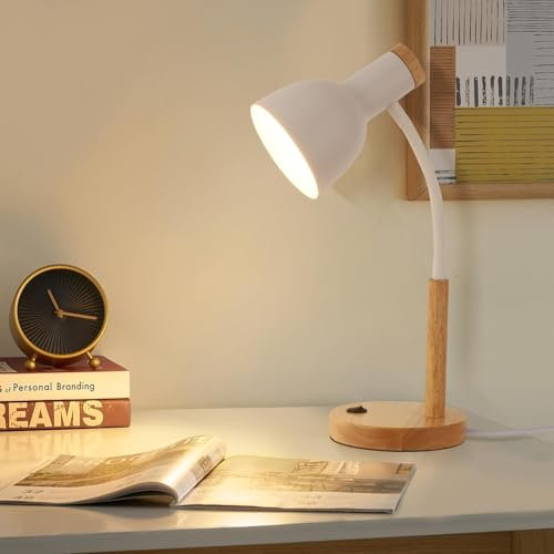 Kaixunl Lámpara de mesa de madera y metal, lámpara de noche de metal, dirección de cabeza de lámpara ajustable, adecuada para dormitorio, sala de estudio, habitación infantil, E27, D15 x H47