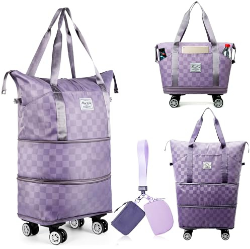 Groß faltbar Reisetasche mit Rollen - faltbar abnehmbare Rollräder, Handgepäck Tasche, Koffer Stoff, Weekender Damen, ideal für Reisen, Camping, Geschäftsreise - Checkerboard Wochenendtasche (Lila)