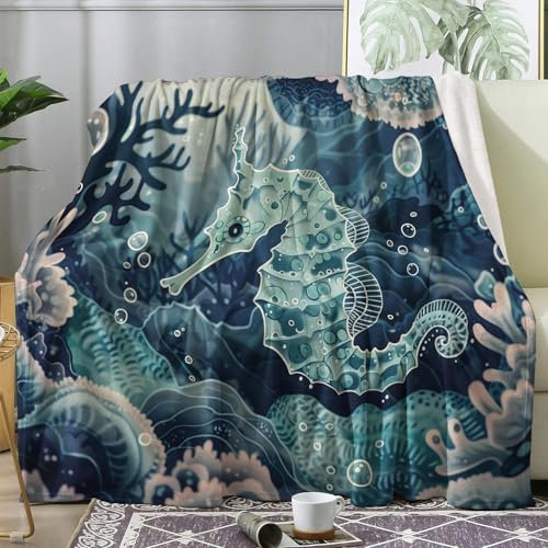 ZDABAOEC Kuscheldecke Flauschig Seepferdchen Meerestiere Decke, Fleecedecke 150x200, Sofadecke & Couchdecke, Weiche Kuschelige Wohndecke Blanket, XL Decken für Sofa Couch
