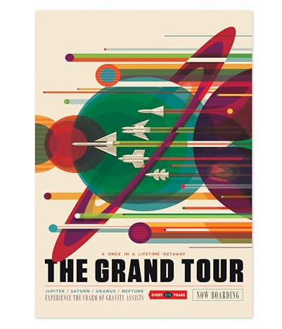 Grand Tour Retro Nasa Space Grand Tour Travel Art Poster, Planet Travel Prints, Vintage Astronomy Home Decor, Astronaut Space Print, Archival Matte, A5 (Print Only) - 21x14.8cm