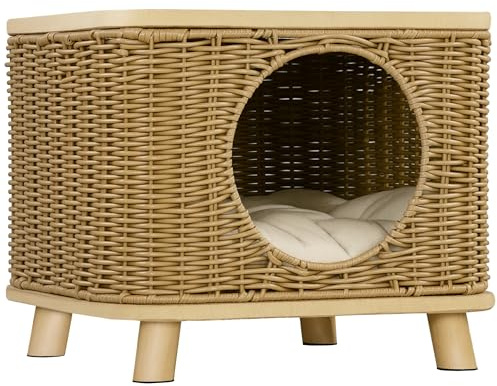 PawHut Elevated Design Wicker Cat House with Washable Cushion, Light Brown | Rattan Cat Bed Basket, Washable Soft Cushion, Door Hole