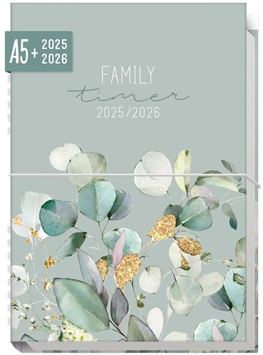 Häfft® Family-Timer 2025/2026 A5 Minty Leaves Familienkalender 4 Spalten, Buchkalender Familienplaner für 18 Monate: Juli 25 bis Dez 26 - nachhaltig & klimafreundlich