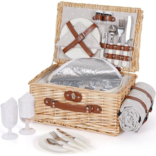 HappyPicnic Picknickkorb-Set für 2 – Weiden-Picknickkorb mit wasserdichter Decke & isoliertem Innenfutter, großer handgefertigter Weidenkorb mit Besteckset für Outdoor, Picknick, Camping, Urlaub