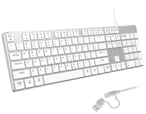 POWZAN Clavier filaire rétroéclairé pour Windows/Mac, clavier fin et assez complet en aluminium avec double interface USB A/USB C, compatible avec iMac, MacBook, iPad, ordinateur portable, PC, blanc