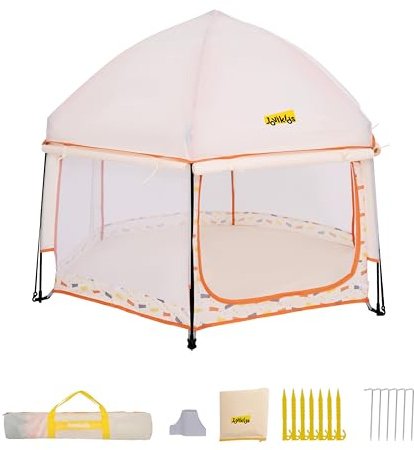 Jovikids Faltbarer Laufstall Baby mit Baldachin, Pop-up Zelt Kinder Outdoor, Großer 6 Eckig Playpen mit Tragetasche für Haus, Garten, Strand, 150x150x105cm