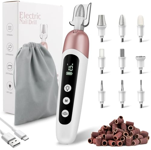 AOMEES Maniküre-/ Pediküre-Set, Elektrische Nagelfräser & Hornhautentferner mit 9 Aufsätzen, 10 Geschwindigkeiten, LED-Licht, Nagelfeile für Gelnägel & dicke Fußnägel, mit Aufbewahrungsbeutel