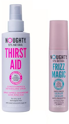Noughty 97% Natural Thirst Aid Conditioning and Frizz Magic Serum Duo, Leave In De-Tangler and Anti Frizz Styling Treatment, Sulphate Free Vegan Hair Care Set for Curly and Dry Hair, 200ml and 75ml