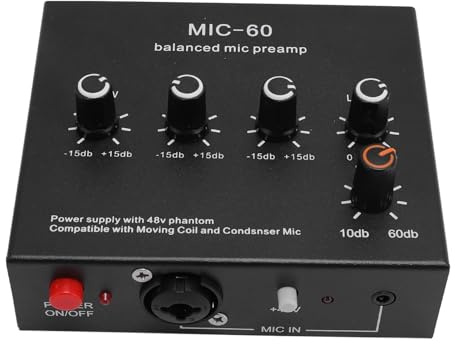 Dynamisches Mikrofon Booster, Mikrofonvorverstärker +60 dB Verstärkung, 48 V Phantomspeisung, 3,5 mm 6,35 mm XLR, Kompatibel mit Dynamischen Mikrofonen