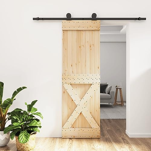 Porte Coulissante en Pin avec Kit de Rail, Porte à Décoré de Grange Intérieur Suspendue pour Cuisine Salle de Bain et kit de quincaillerie 70x210 cm pin massif