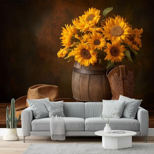 Fotomurales Girasol estilo occidental, naturaleza muerta Papel pintado tejido no tejido decoración Pared decorativos 250 x 175 cm Sala Cuarto Oficina Salón Decoración Casa Marrón amarillento