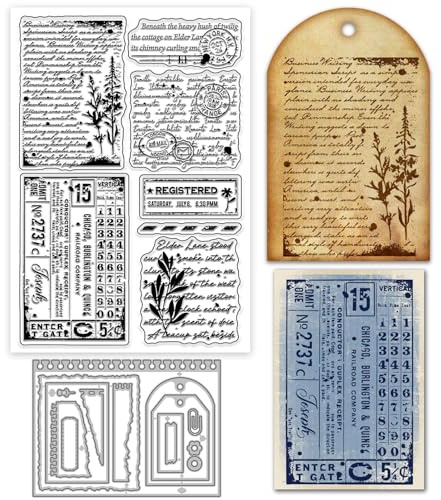 GLOBLELAND Vintage Text Background Clear Stamp and Cutting Dies Set for Card Making Retro Lable Silicone Clear Stamp Metal Torn Edge Sticky Note Die Cuts for DIY Scrapbooking Photo Album