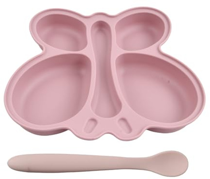 Aohyue Baby Teller mit Saugnapf, Silikon Kinderteller in Schmetterlingsform, BPA-Frei Kinderteller Unterteilt, Rutschfest Baby Teller mit Esslernlöffel, Spülmaschinenfest