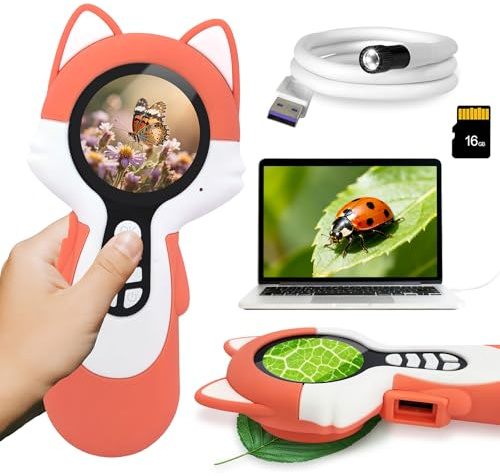 Microscopio digitale 2 in 1 per bambini, un obiettivo per fotocamera e un obiettivo per microscopio, microscope for kids 100X, piccoli esploratori, 16GB, Volpe, con endoscopio