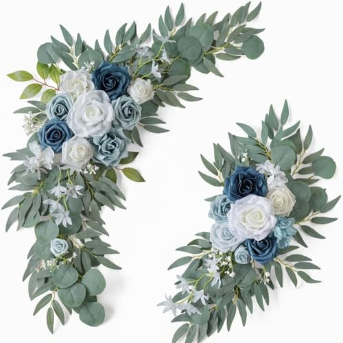 Juego de flores artificiales de arco de boda, rosas artificiales florales, hojas de eucalipto, guirnalda decorativa con rosas peonía, guirnalda de flores artificiales con cintas (D)