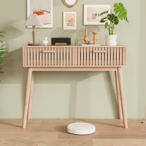 TDRTRD Console 2 Tiroirs, Table Console avec Effet Bois et Tasseaux, Style Boho Bureau, Meuble d'Entrée avec Rangement, Tables d’Entrée en Bois de Ferme pour Chambre, Couloir,100x35x80cm