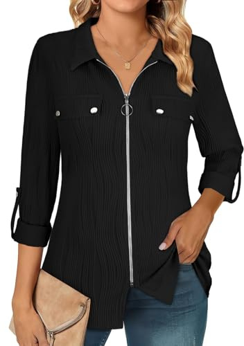 Flikity Womens Blouses and Tops Dressy Long Sleeve Shirts for Women Business Casual Ladies Tops Elegant Work Wear Clothes Zipper Front V Neck Dressy Shirts Professional Office Tops Black S