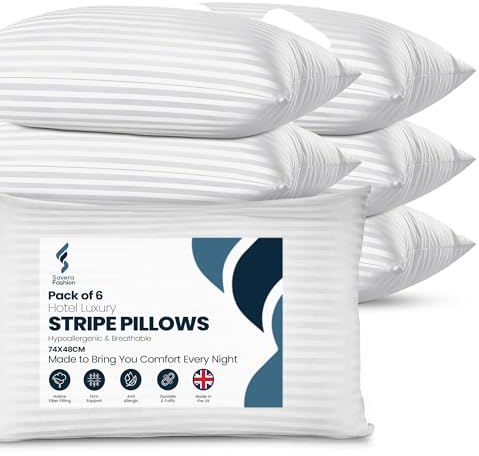 Savera Fashion Stripe Pillows 6 Pack – Hotel Quality Bed Pillows 48x74cm – Soft Hollowfibre Filling with Cotton Stripe Cover – Hypoallergenic Anti-Allergy Firm & Supportive Pillows for Families