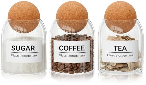 Dyserbuy Tea Coffee and Sugar Canisters Set of 3, 500ml Cork Ball Glass Jar | Borosilicate Glass, Labels, Stylish Decorative Kitchen