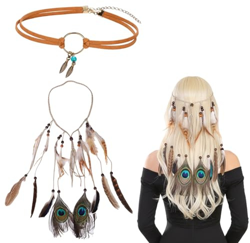 JqruiTbeis Indianer Kostüm Damen Accessoires, 2 Stück Indianer Schmuck mit Halskette und Haarband, Boho Schmuck Damen für Hippie Kostüm, Vintage, Karneval