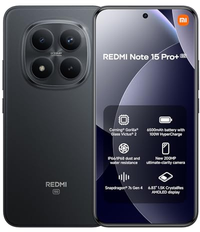 XIAOMI REDMI Note 15 Pro+ 5G - Smartphone de 12+512GB, Pantalla AMOLED 6,83 1.5K AMOLED, Snapdragon 7s Gen 4, cámara de 200 MP, Hypercharge 100W, Cargador no Incluido, Negro (Versión ES)
