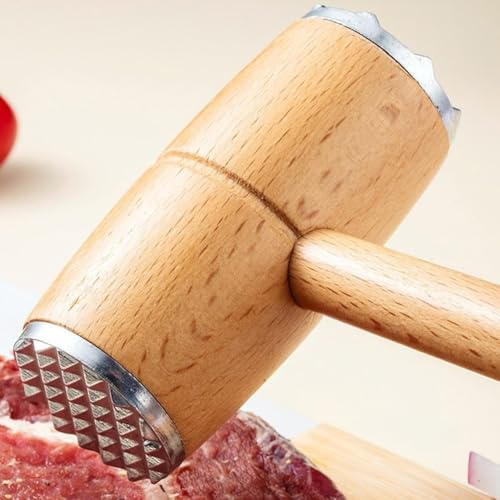 WIIYENA Batticarne in metallo con manico in legno, martello a doppia faccia per bistecca manzo pollo, 32 chiodi, 25,5 cm