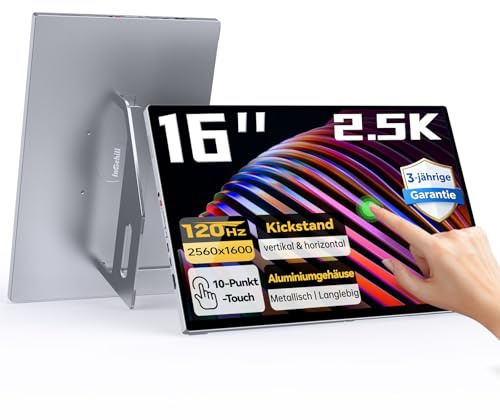 Intehill Portable Monitor Touchscreen 16 Zoll 2,5K 120Hz Gaming, Tragbarer Monitor Touchscreen, USB-C Monitor mit 10-Punkt Touch, 400Nits, 100% sRGB, Glänzend, VESA, Alu-Gehäuse T16KB(Grau)