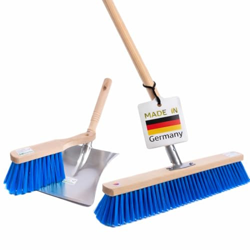 Profi Straßenbesen Komplett Set Blaue Borsten Besen 60cm Breit mit Stiel | Volle Dichte PVC-Borsten in Blau, Handfeger 28cm, Metall-Kehrschaufel, Holzstiel 155cm Lang