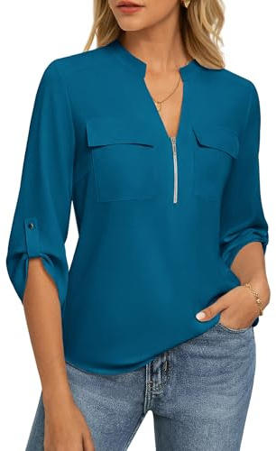 GRACE KARIN Chemisier d'été à manches 3/4 et col en V pour femme, coupe ample, décontracté, avec poches, vêtement de bureau, bleu lac, L