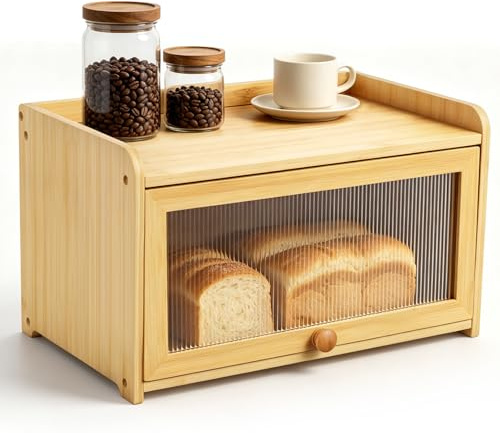 Keleef Bread Bin, Bamboo Bread Bins for Kitchen, Bread Box Large Capacity Bread Storage Container with Striped Window Door Panel, 1 Tier Breadbin for Homemade Bread 41x25x24cm