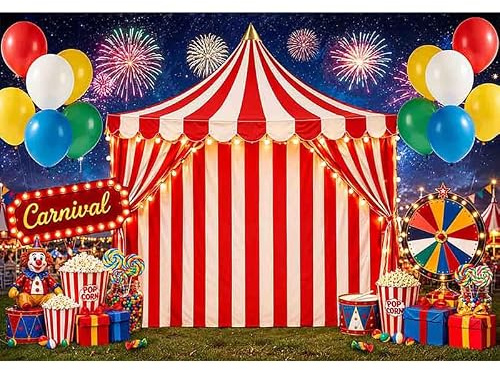 Luminora 2,1 x 1,5 m Poliestere Carnevale Tema Sfondo Rosso Bianco A Righe Circo Tenda Fuochi D'artificio Palloncini Sfondo Bambini Festa di Compleanno Banner Decorazioni Photo Booth Puntelli
