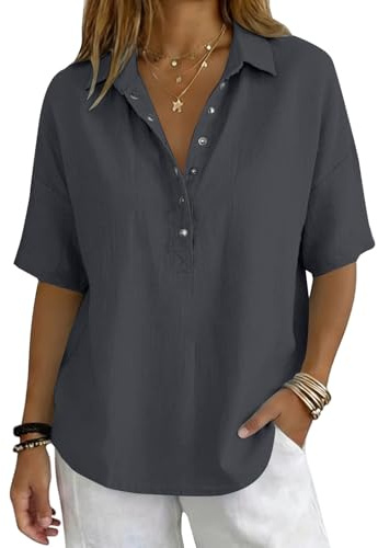 Camisa Mujer Verano Algodón y Lino con Botones Moda Color sólido Blusa Cuello en V Camiseta Elegante Basic Tops Fiesta Suelto T-Shirt Casual Oficina Original Cómodo tee S-3XL