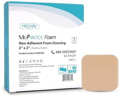 MedVance TM Foam – Wasserfester, nicht klebender, hydrophiler Schaumverband, 2 x 2 Zoll, Schachtel mit 5 Verbänden | Steril und einzeln verpackt – fördert die Heilung – atmungsaktiv – sanft zur Haut – klebt nicht an der Wunde – zuschneidbar
