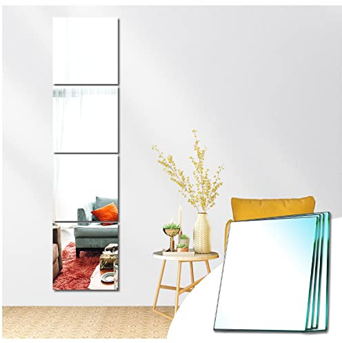 Sqinor Self Adhesive Mirror Tiles Glass Square Stick On Full Length Long Wall Mirrors for Living Room Bedroom Hallway Walls (30x30cm, 4pcs)