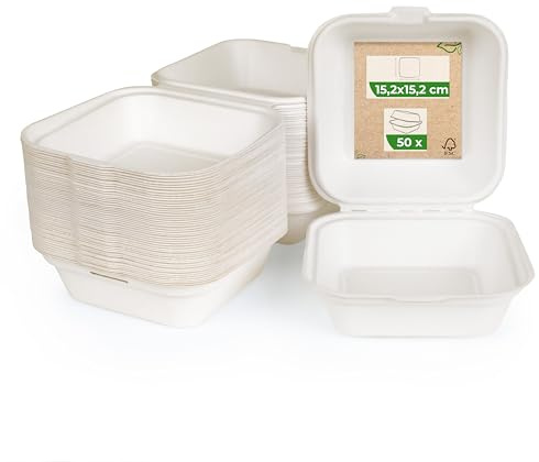 Love Nature Ökologische Burger Box Verpackung 50 Stück - Burgerboxen - Menüschalen - Einweggeschirr Zuckerrohr - Menübox Einweg