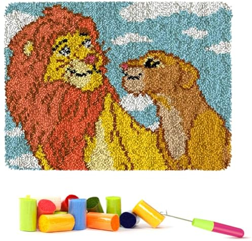 ROCKY&CHAO Knüpfteppich Zum Selber knüpfen, 50x38cm Knüpfsets Latch Hook Kit Selbst Knüpfen Set für Kinder und Erwachsene (Simba)