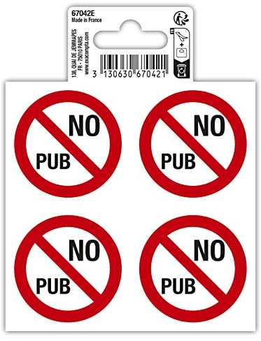 Exacompta -Nr. 67042E - 1 Piktogramm No Pub (x4 auf einem Brett) für Briefkasten Keine Werbung - Stop Pub - aus behandeltem PVC Vinyl - Maße: 10 x 10 cm