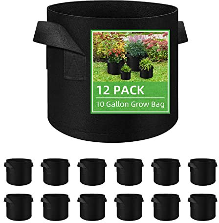 12 Pack Vegetable Grow Bags, Gardening Plant Growing Bags Breathable Non-woven Fabric Plant Pots with Handles Indoor & Outdoor Grow Containers for Vegetable/Flower/Plant/Fruits, 10 Gallon(Black)