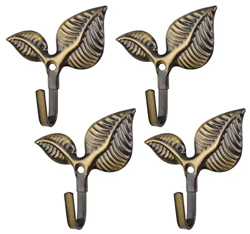 MOROBOR Lot de 4 embrasses de rideaux en forme de feuille de style rétro vintage, fixation murale, embrasse de porte, serviette, manteau, crochet en fer vert bronze