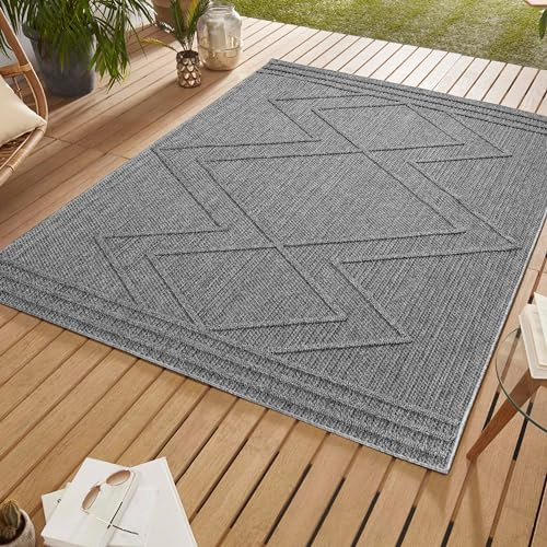 SIMPEX In & Outdoor Bouclé Teppich wetterfest Grau 160x230 cm Skandinavische Boho Design 3D Hoch Tief Effekt für Balkon Garten oder Wohnzimmer