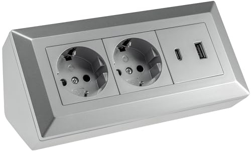 ChiliTec Ecksteckdose 2-Fach Steckdose USB-A USB-C PD Silber Grau | Schutzkontaktsteckdose, Für Küche Büro Werkstatt, Mehrfachsteckdose, Steckdosenblock