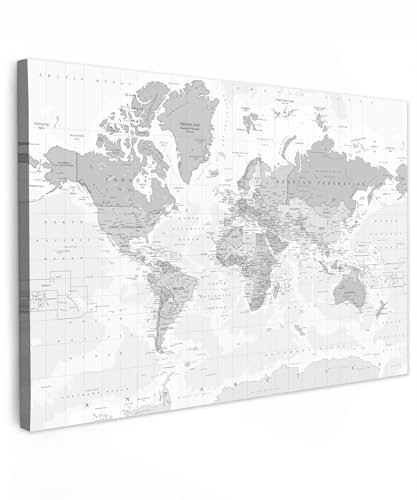 MuchoWow© Leinwand Groß 120x80 cm XXL Deko Schlafzimmer Aesthetic Leinwandbilder Wohnzimmer Gemälde Foto Geschenk Living Room Decoration Bild Weltkarte Wand - Landkarte Welt - Vintage - Pastell - Grau