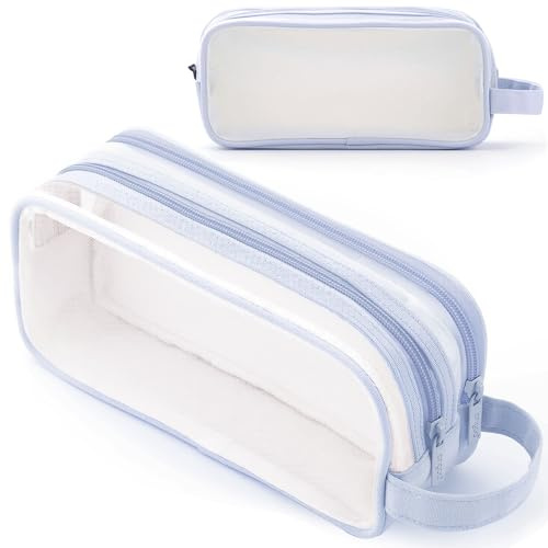 Mäppchen Durchsichtig Große Kapazität, Durchsichtig Federmäppchen 2 Fächer, Transparent Federmappe mit Reißverschluss, Tragbare Schlamppermäppche Pencil Case Etui Schule für Teenager Mädchen, Blau