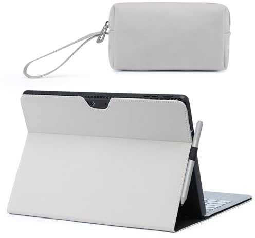 HYZUO Hülle für Surface Pro 11 2024, Surface Pro 10 2024, Surface Pro 9 2022, Mehrwinkelbetrachtung Folio Ständer mit Stylus Halter, Kompatibel mit Typ Tastatur, mit Zubehörtasche, Hellgrau